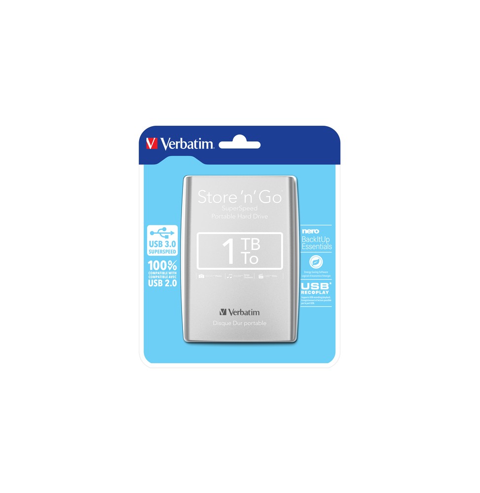 Verbatim Disco rigido portatile Store 'n' Go USB 3.0 da 1 TB Argento